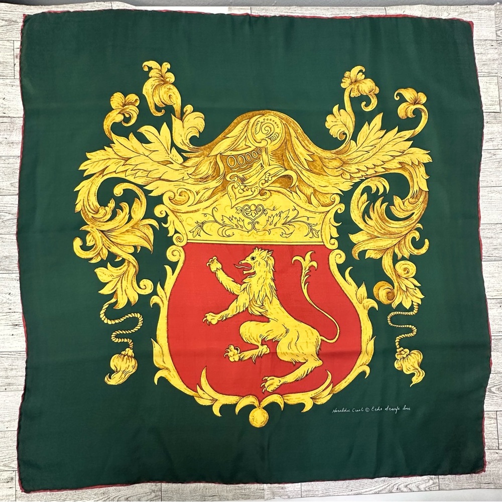 Vintage Heraldic Crest Echo Scarfs Inc Silk Square Scarf 25” Blue Gold Red Lion